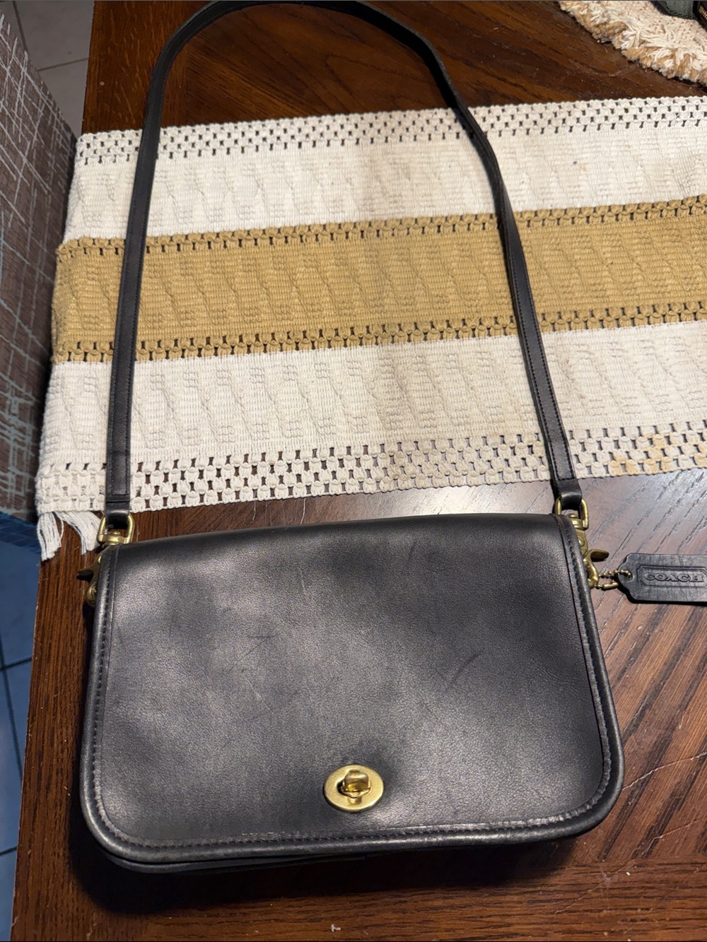 Coach Black Leather Shoulder Bag with Gold Turn-Lock -Vintage